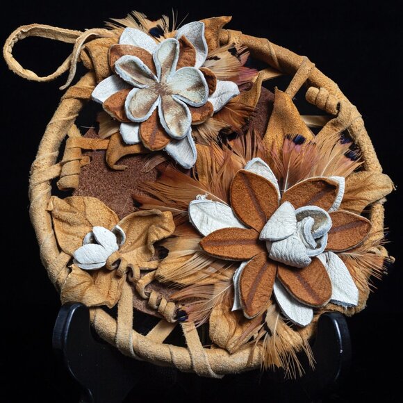Custom Wall HangingHandcrafted Leather & Feather Floral Wall Art Duo